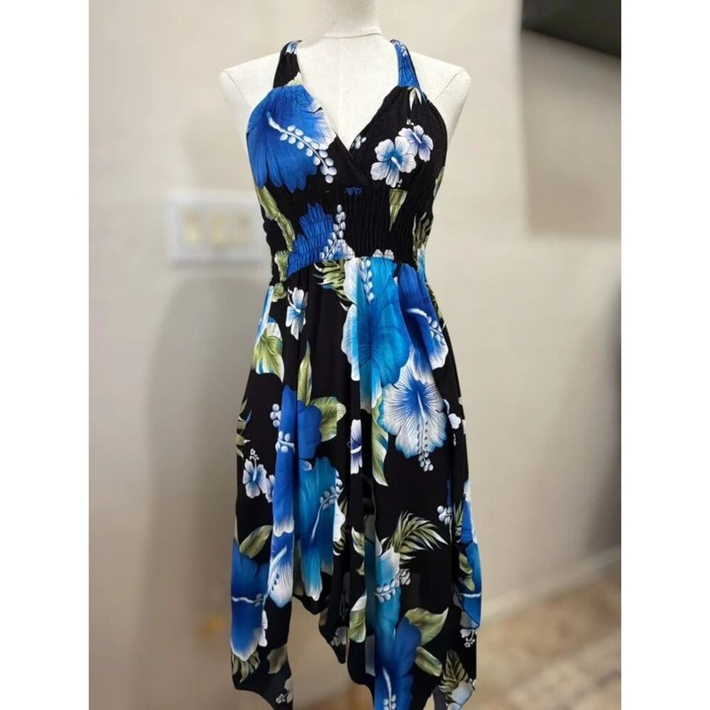 Blue Hibiscus Tropical Halter Handkerchief Dress Y2K Boho One Size Sm